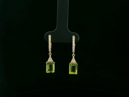 18K yellow gold emerald cut peridot diamond drop earrings by Emirates Diamonds