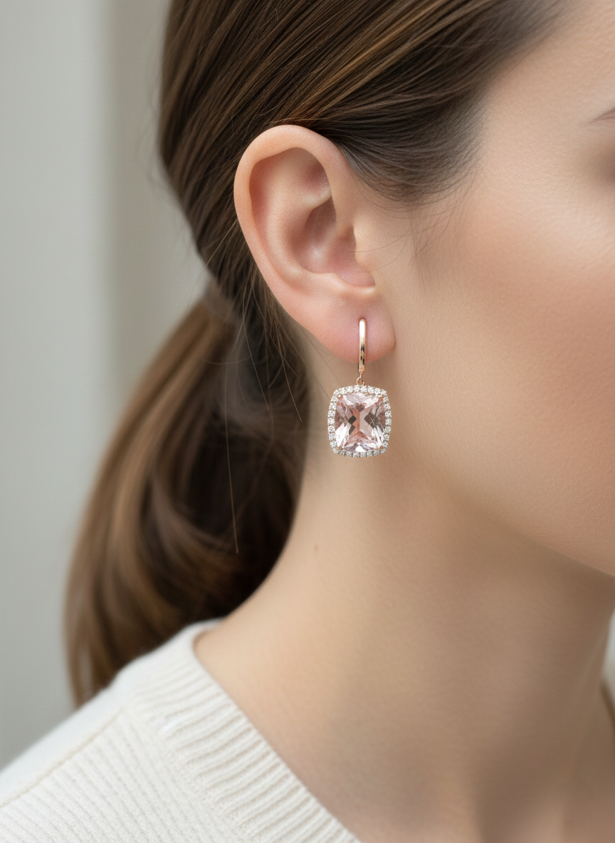 16.68 carat cushion morganite and 0.79 carat diamond halo drop earrings in 18K rose gold by Emirates Diamonds