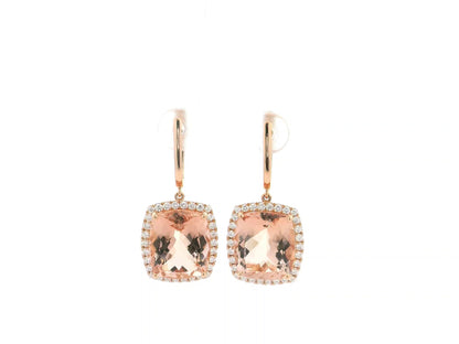 16.68 carat cushion morganite and 0.79 carat diamond halo drop earrings in 18K rose gold by Emirates Diamonds