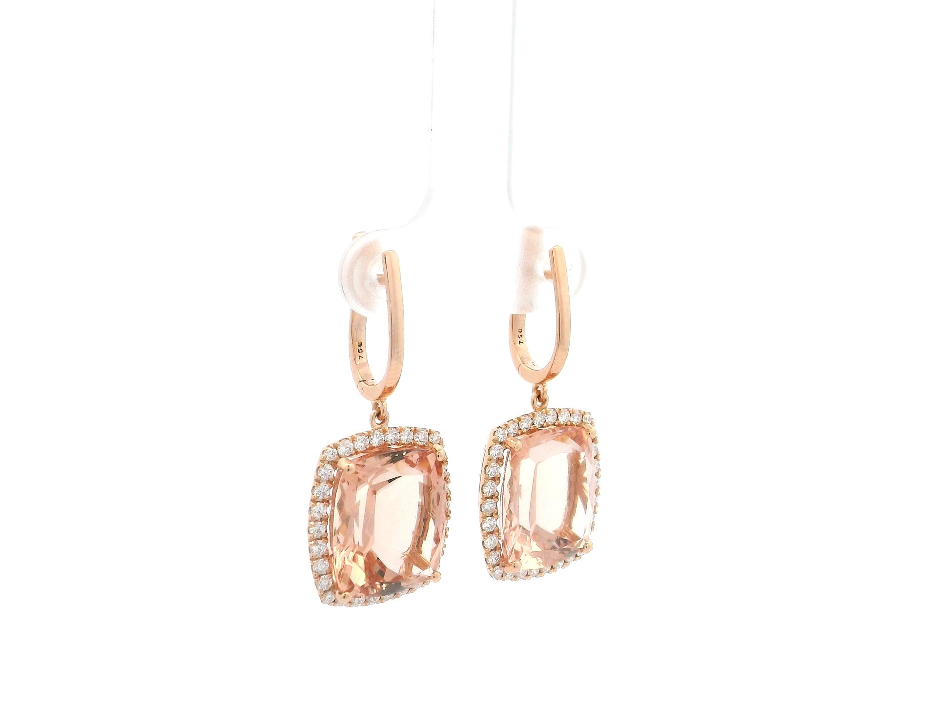 16.68 carat cushion morganite and 0.79 carat diamond halo drop earrings in 18K rose gold by Emirates Diamonds