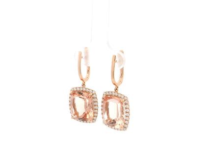 16.68 carat cushion morganite and 0.79 carat diamond halo drop earrings in 18K rose gold by Emirates Diamonds