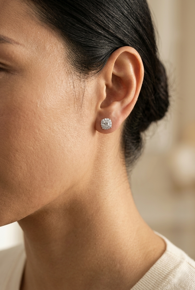 Cushion cut diamond halo stud earrings in 18K white gold with GIA certified diamonds by Emirates Diamonds