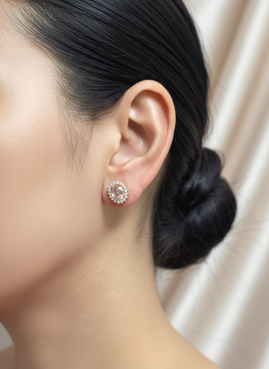 2.28 carat oval morganite and 0.36 carat diamond halo stud earrings in 18K rose gold by Emirates Diamonds