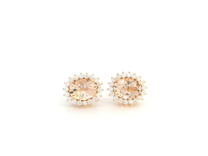 2.28 carat oval morganite and 0.36 carat diamond halo stud earrings in 18K rose gold by Emirates Diamonds