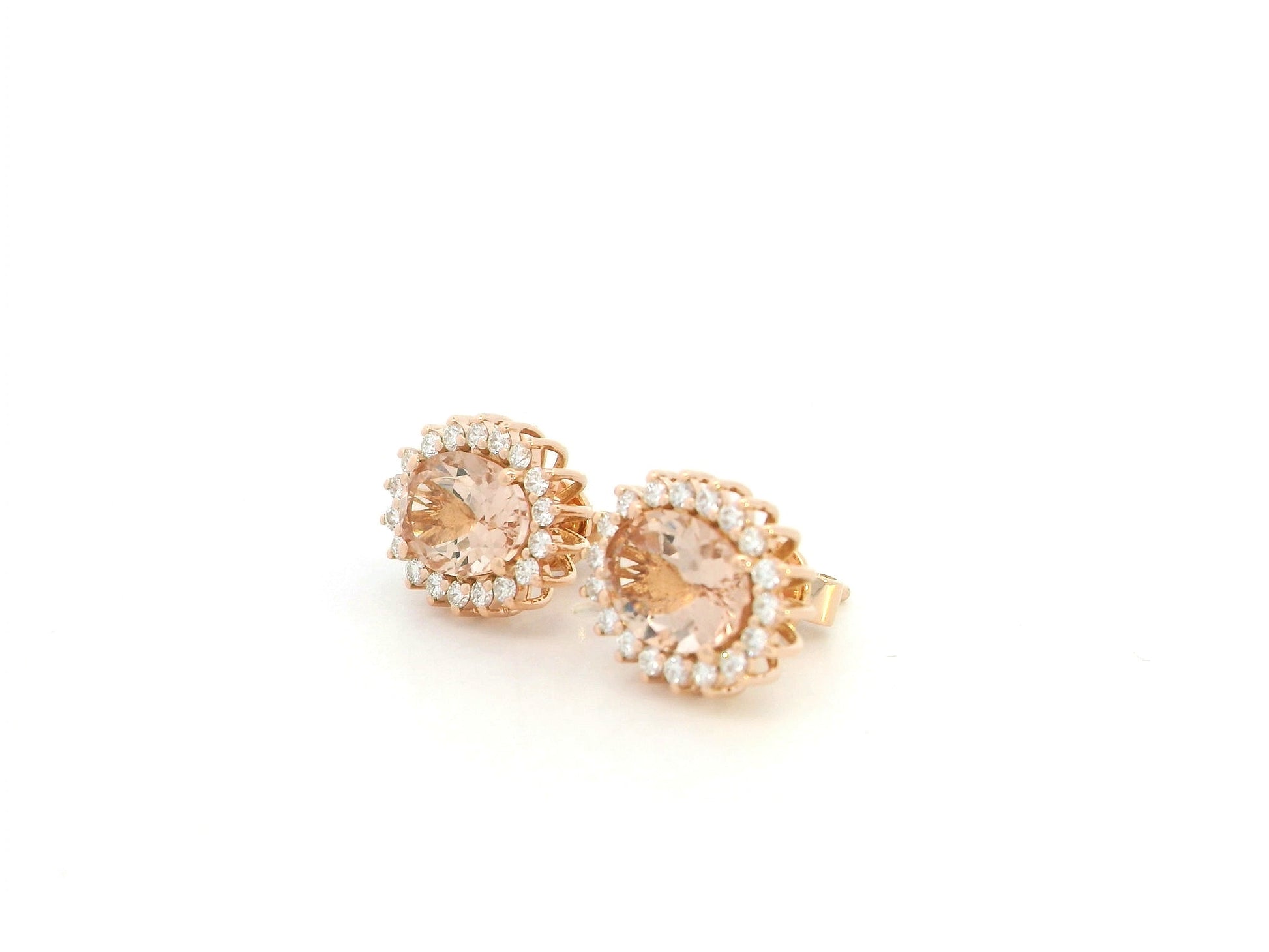 2.28 carat oval morganite and 0.36 carat diamond halo stud earrings in 18K rose gold by Emirates Diamonds