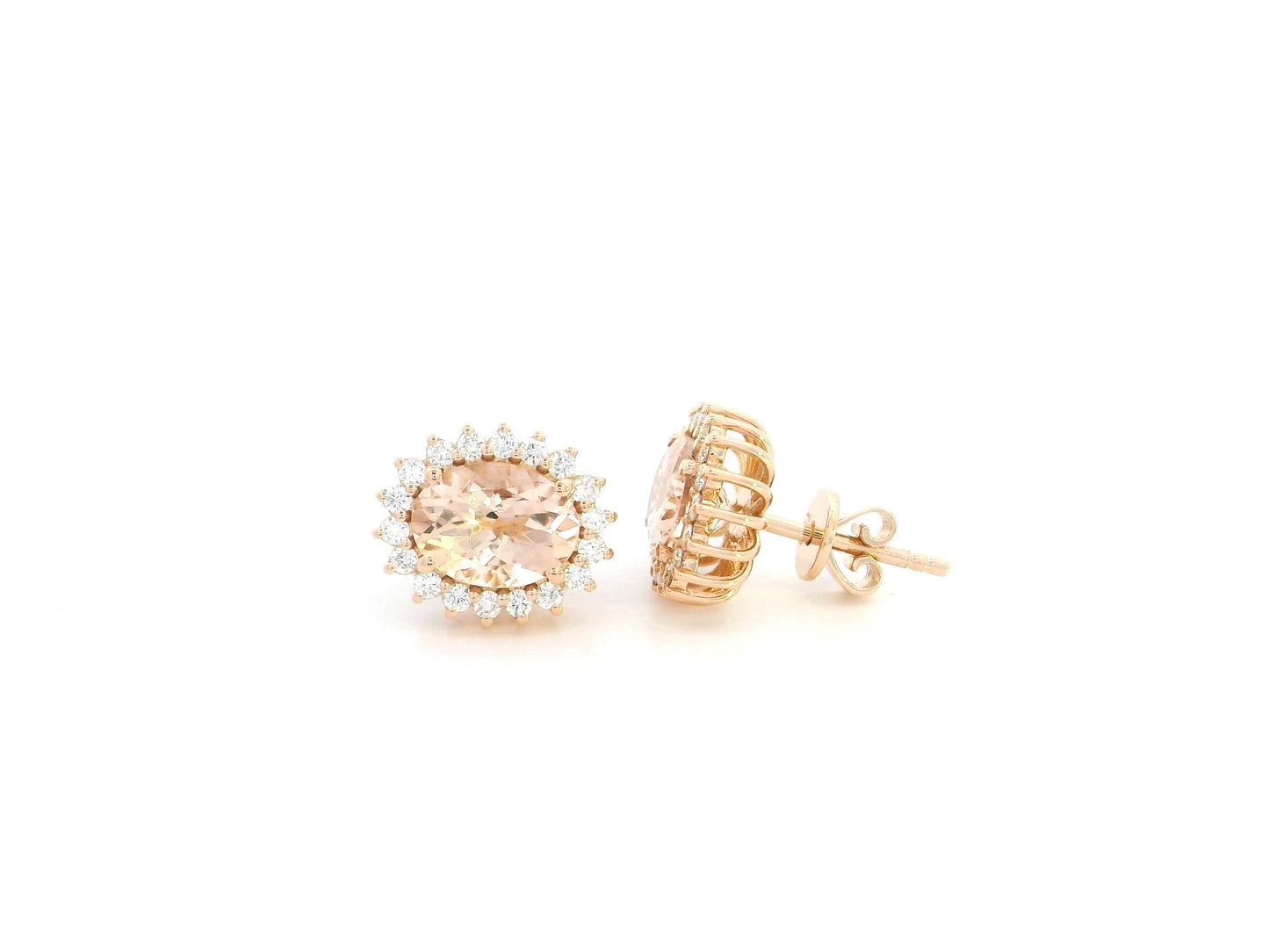 2.28 carat oval morganite and 0.36 carat diamond halo stud earrings in 18K rose gold by Emirates Diamonds