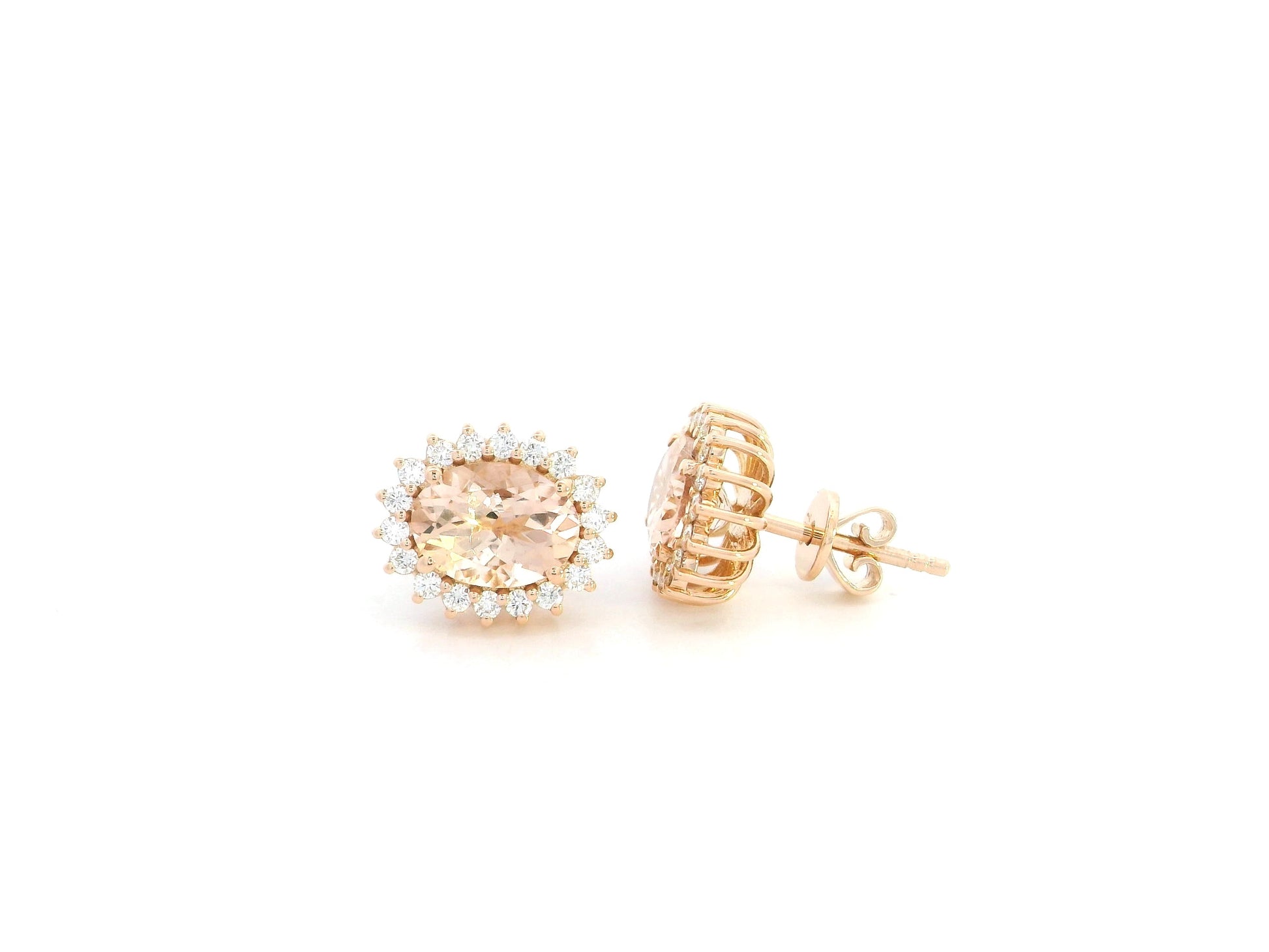 2.28 carat oval morganite and 0.36 carat diamond halo stud earrings in 18K rose gold by Emirates Diamonds