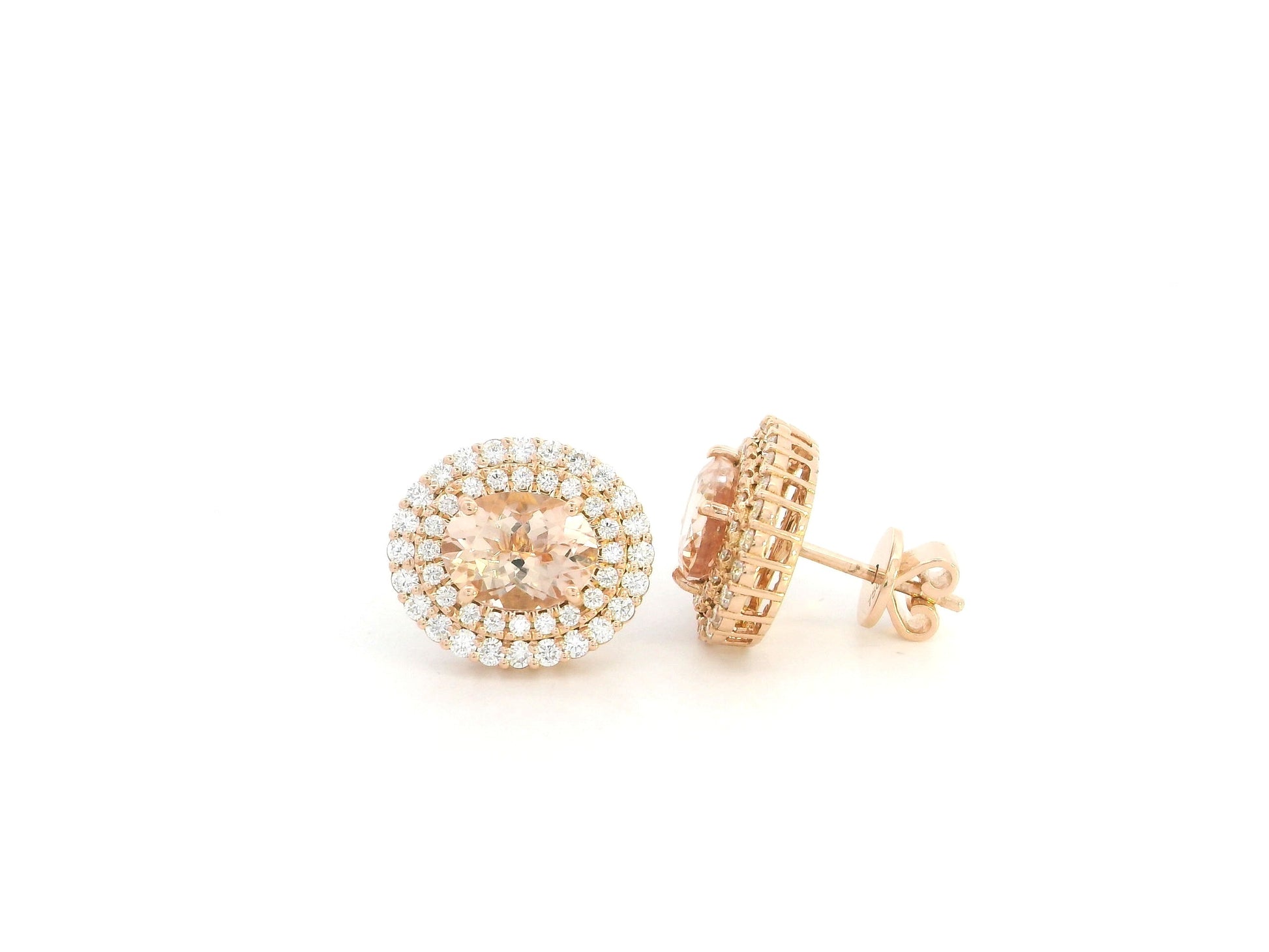 Morganite and diamond halo stud earrings in 18K rose gold oval morganite with double diamond halo – Emirates Diamonds