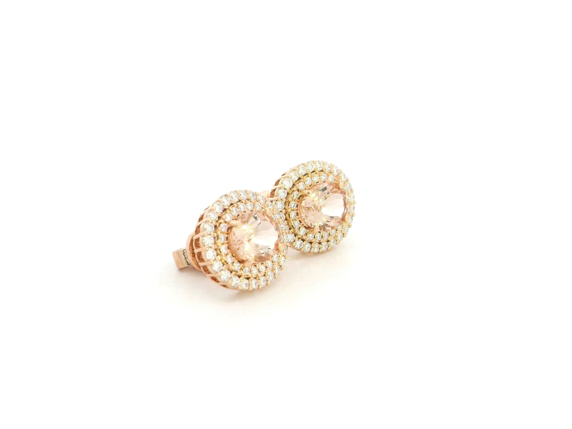 Morganite and diamond halo stud earrings in 18K rose gold oval morganite with double diamond halo – Emirates Diamonds