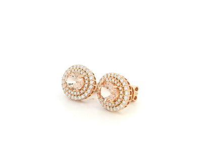 Morganite and diamond halo stud earrings in 18K rose gold oval morganite with double diamond halo – Emirates Diamonds