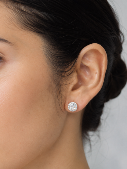 GIA certified round diamond halo stud earrings in 18K white gold with D colour natural centre diamonds