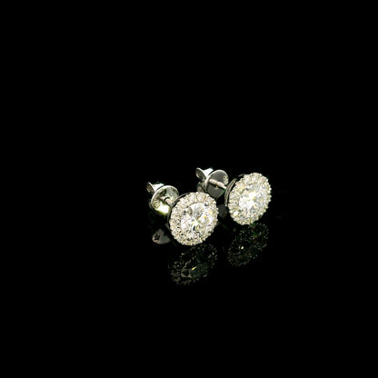 GIA certified round diamond halo stud earrings in 18K white gold with D colour natural centre diamonds