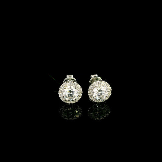 GIA certified round diamond halo stud earrings in 18K white gold with D colour natural centre diamonds