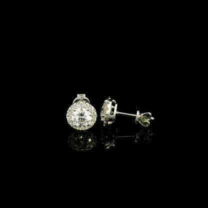 GIA certified round diamond halo stud earrings in 18K white gold with D colour natural centre diamonds