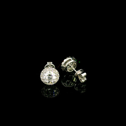 GIA certified round diamond halo stud earrings in 18K white gold with D colour natural centre diamonds