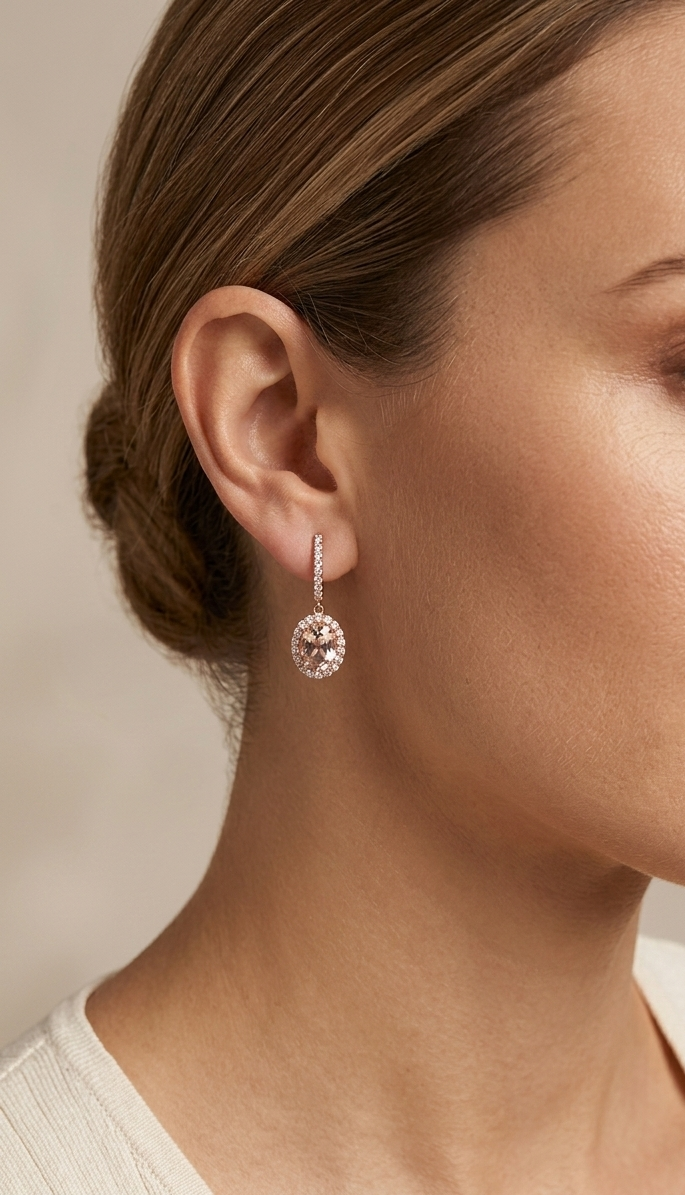 Morganite oval halo diamond drop earrings in 18K rose gold by Emirates Diamonds