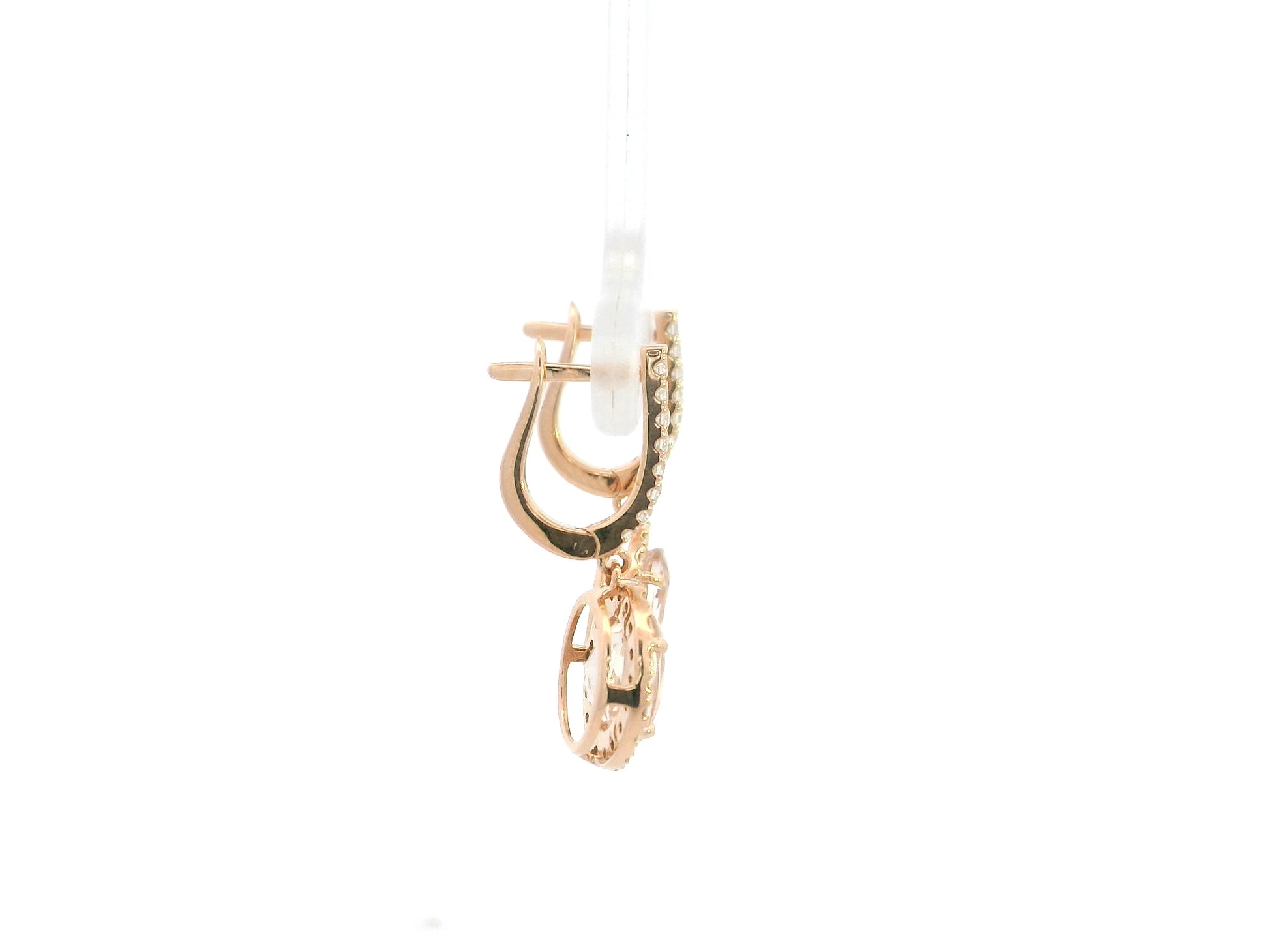 Morganite oval halo diamond drop earrings in 18K rose gold by Emirates Diamonds