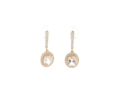 Morganite oval halo diamond drop earrings in 18K rose gold by Emirates Diamonds