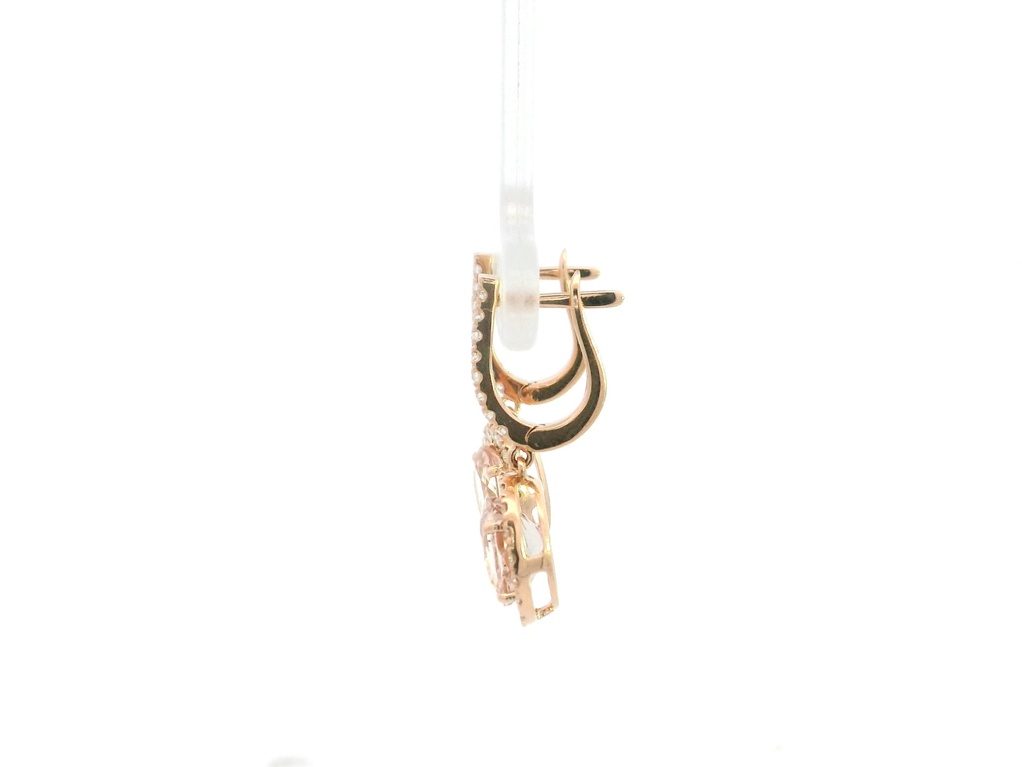 Morganite oval halo diamond drop earrings in 18K rose gold by Emirates Diamonds