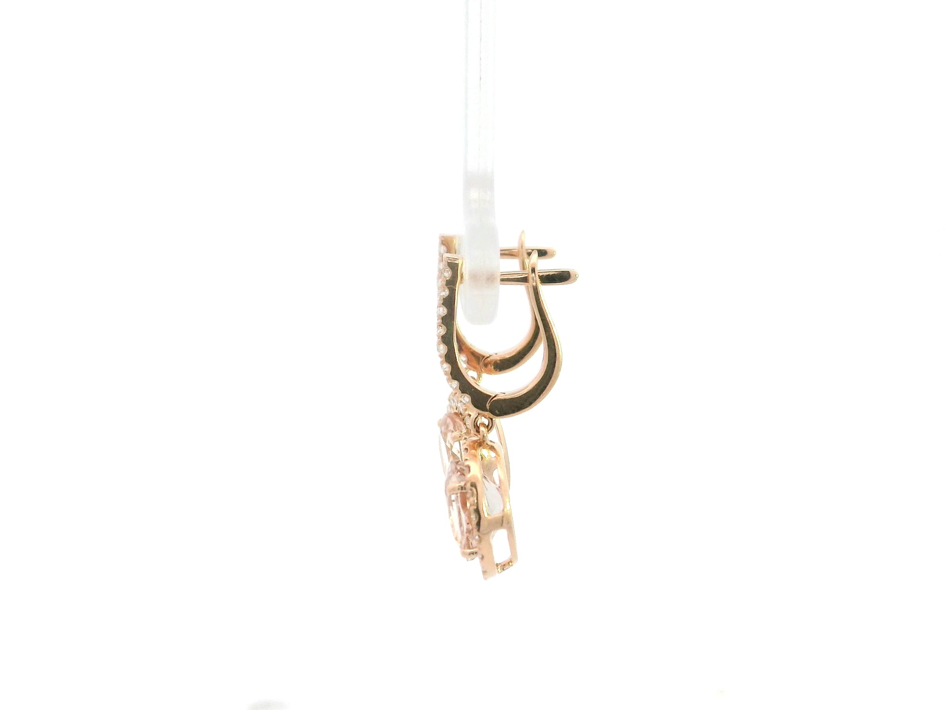 Morganite oval halo diamond drop earrings in 18K rose gold by Emirates Diamonds