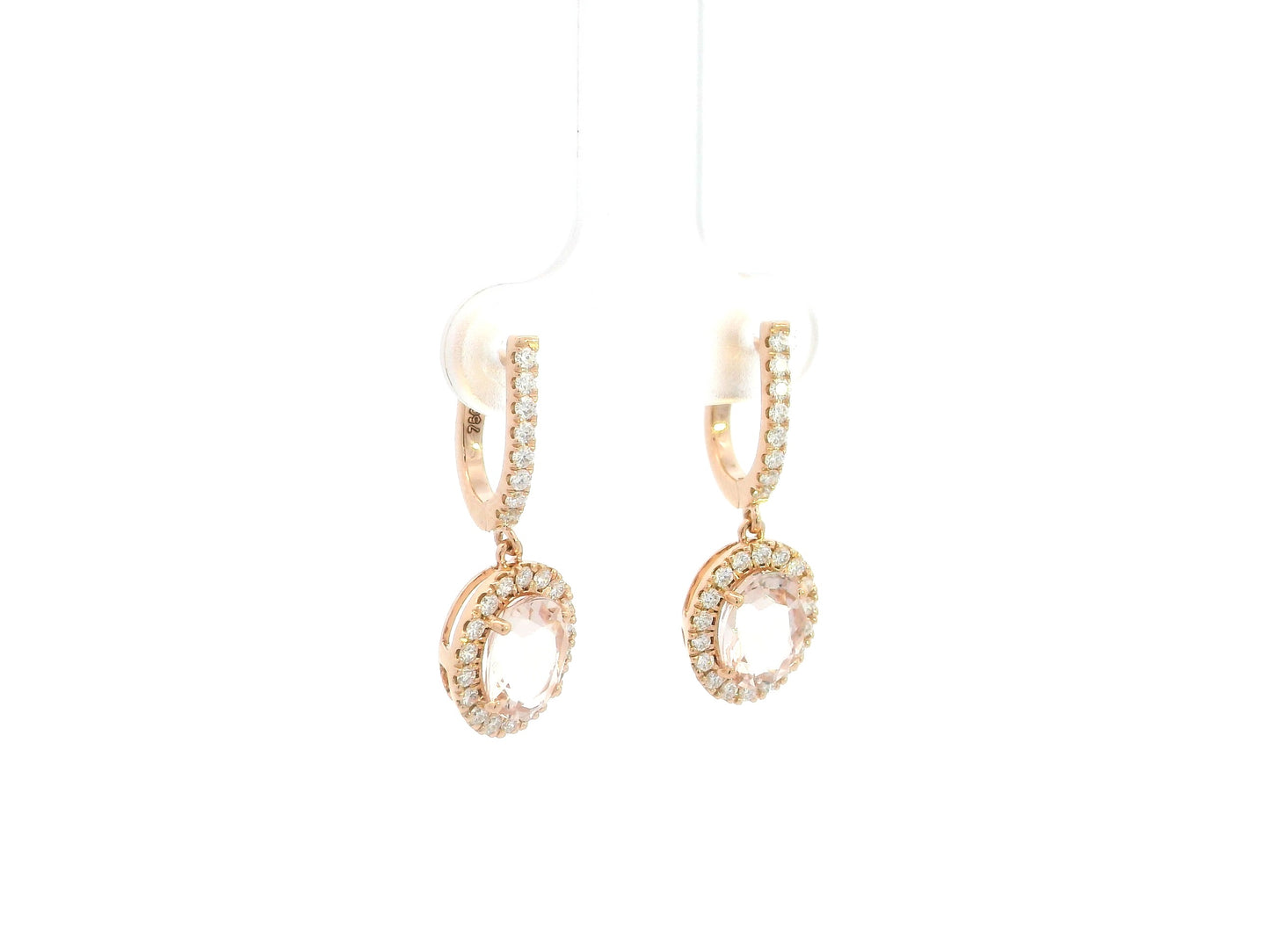 Morganite oval halo diamond drop earrings in 18K rose gold by Emirates Diamonds