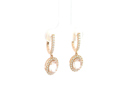Morganite oval halo diamond drop earrings in 18K rose gold by Emirates Diamonds