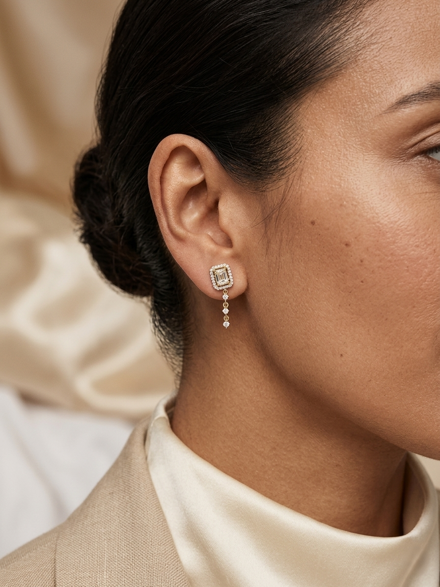 Diamond ear jacket earrings with chain detail 0.54ct in 18K yellow gold by Emirates Diamonds