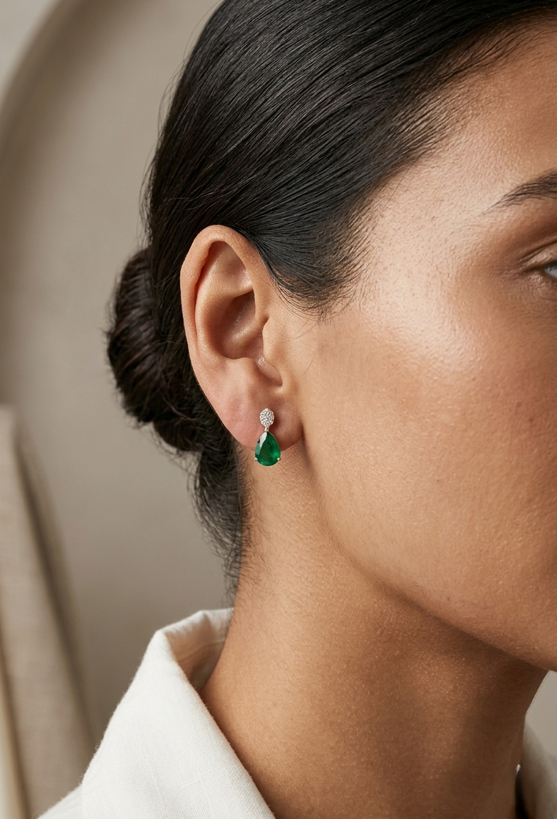 Pear emerald and diamond drop earrings in 18K yellow gold featuring 1.27 carat emeralds and 0.07 carat diamonds by Emirates Diamonds.