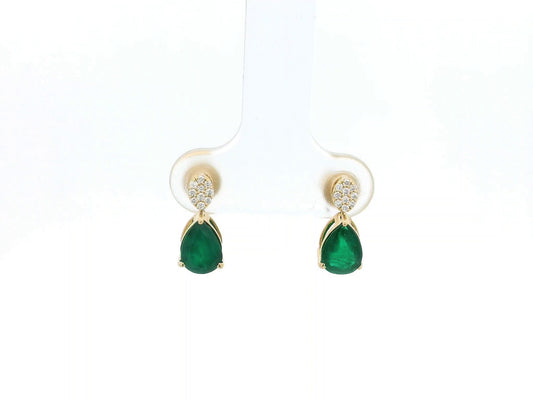 Pear emerald and diamond drop earrings in 18K yellow gold featuring 1.27 carat emeralds and 0.07 carat diamonds by Emirates Diamonds.