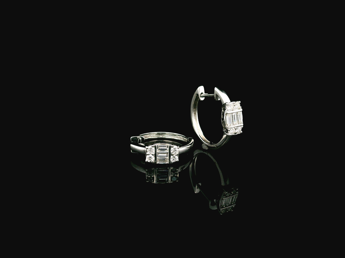 Baguette and round diamond hoop earrings in 18K white gold by Emirates Diamonds