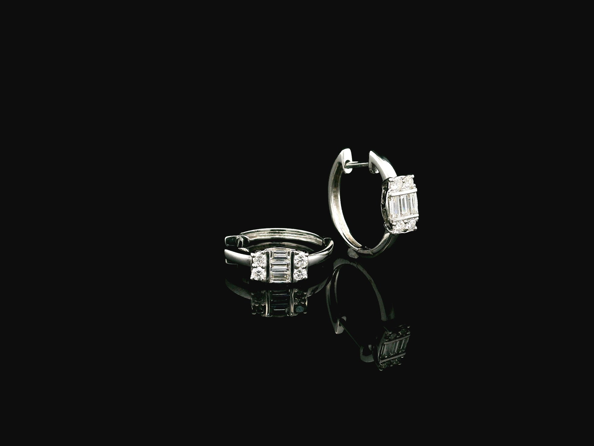 Baguette and round diamond hoop earrings in 18K white gold by Emirates Diamonds