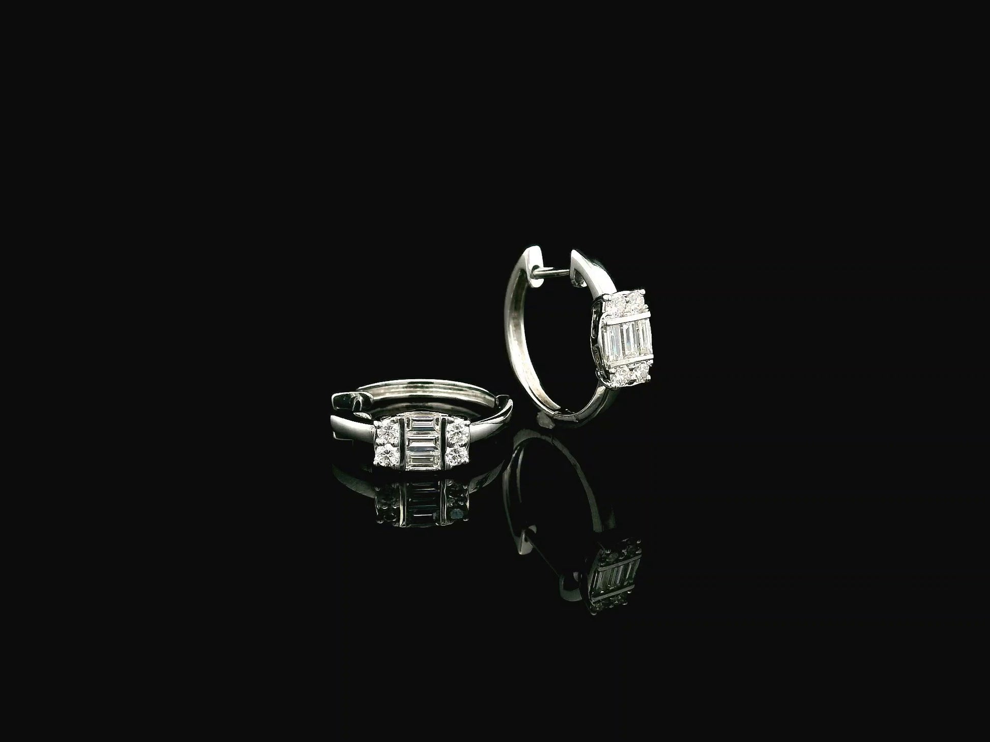 Baguette and round diamond hoop earrings in 18K white gold by Emirates Diamonds