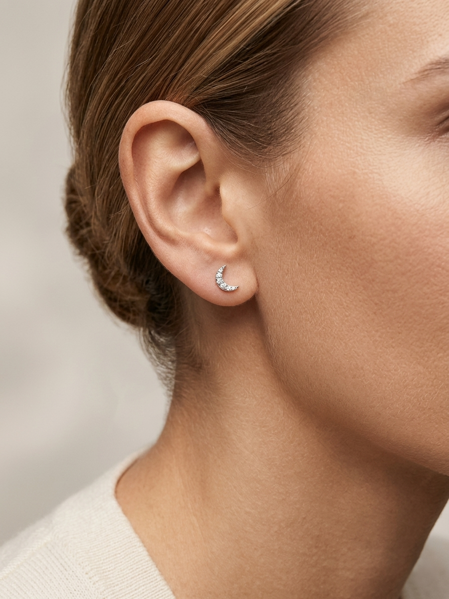 Diamond crescent moon stud earrings in 18K white gold Emirates Diamonds