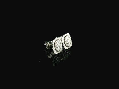 18K white gold diamond halo stud earrings featuring round brilliant diamonds with cushion halo design and 0.64 carat total diamond weight