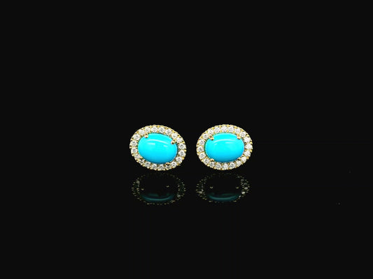 Turquoise and diamond halo stud earrings in 18K yellow gold