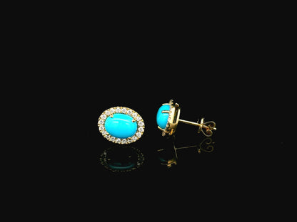 Turquoise and diamond halo stud earrings in 18K yellow gold