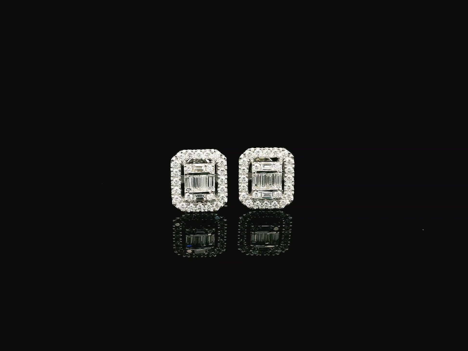 Baguette and round diamond halo stud earrings in 18K white gold Emirates Diamonds