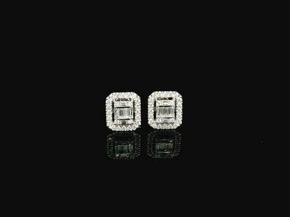 Baguette and round diamond halo stud earrings in 18K white gold Emirates Diamonds