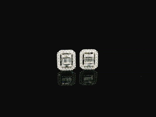 Baguette and round diamond halo stud earrings in 18K white gold Emirates Diamonds
