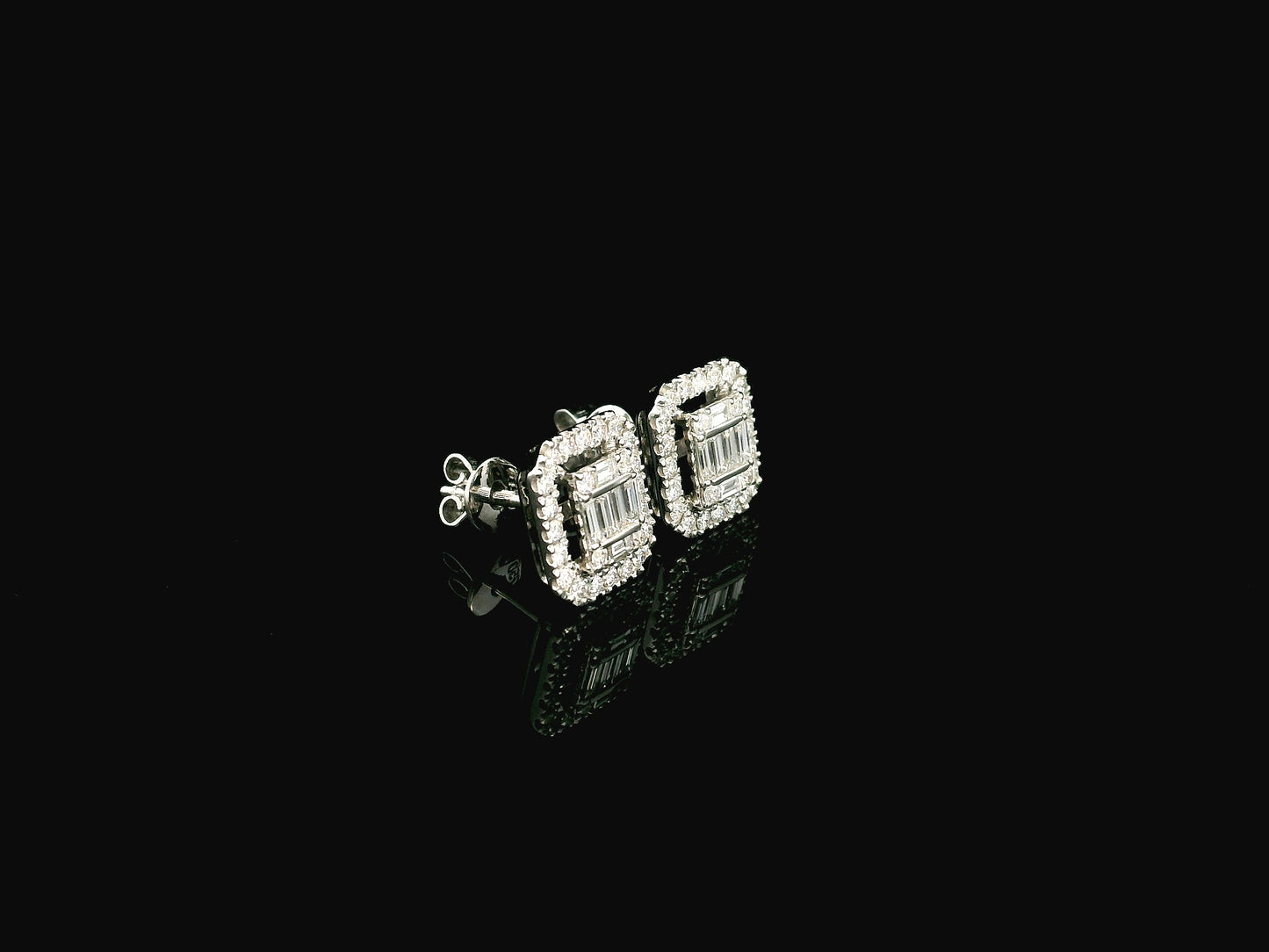 Baguette and round diamond halo stud earrings in 18K white gold Emirates Diamonds