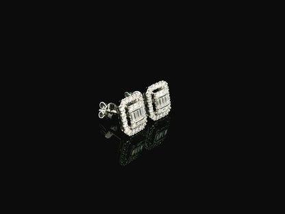 Baguette and round diamond halo stud earrings in 18K white gold Emirates Diamonds