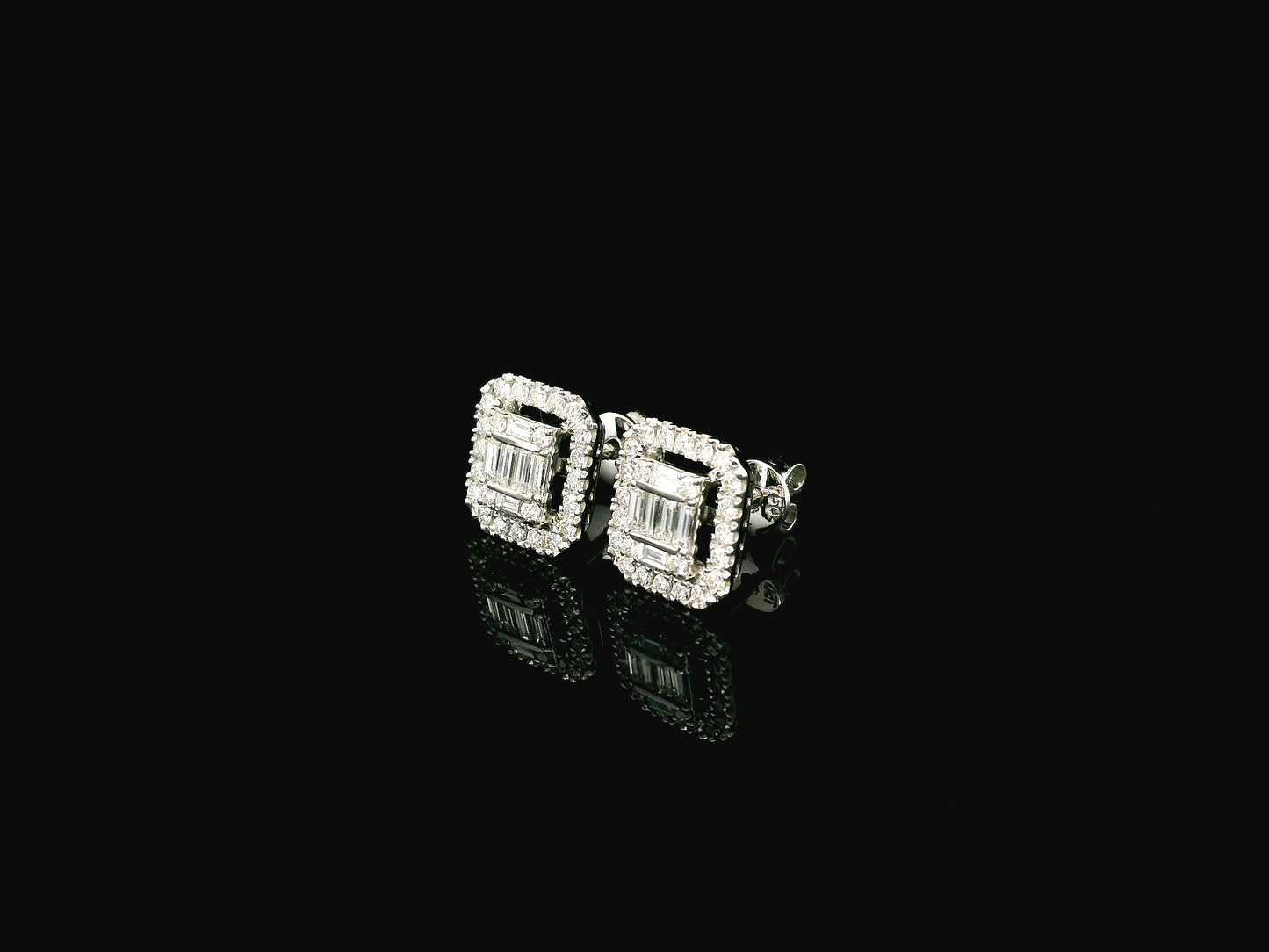 Baguette and round diamond halo stud earrings in 18K white gold Emirates Diamonds