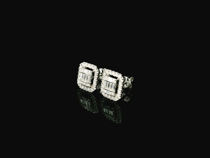 Baguette and round diamond halo stud earrings in 18K white gold Emirates Diamonds