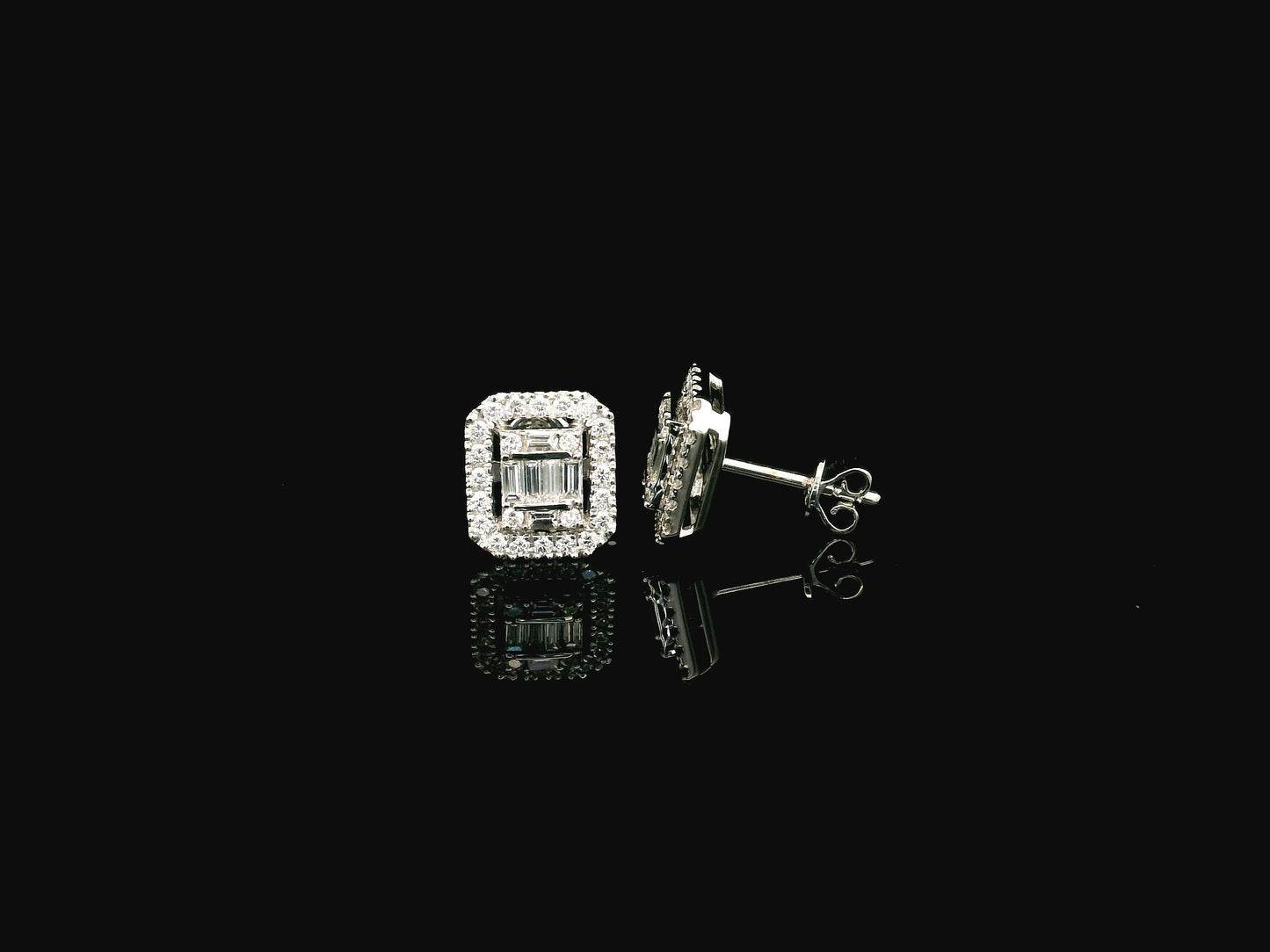 Baguette and round diamond halo stud earrings in 18K white gold Emirates Diamonds