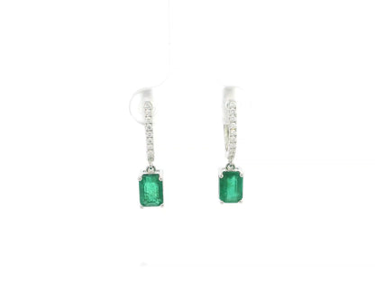 Emerald cut emerald drop earrings with diamond hoops in 18K white gold