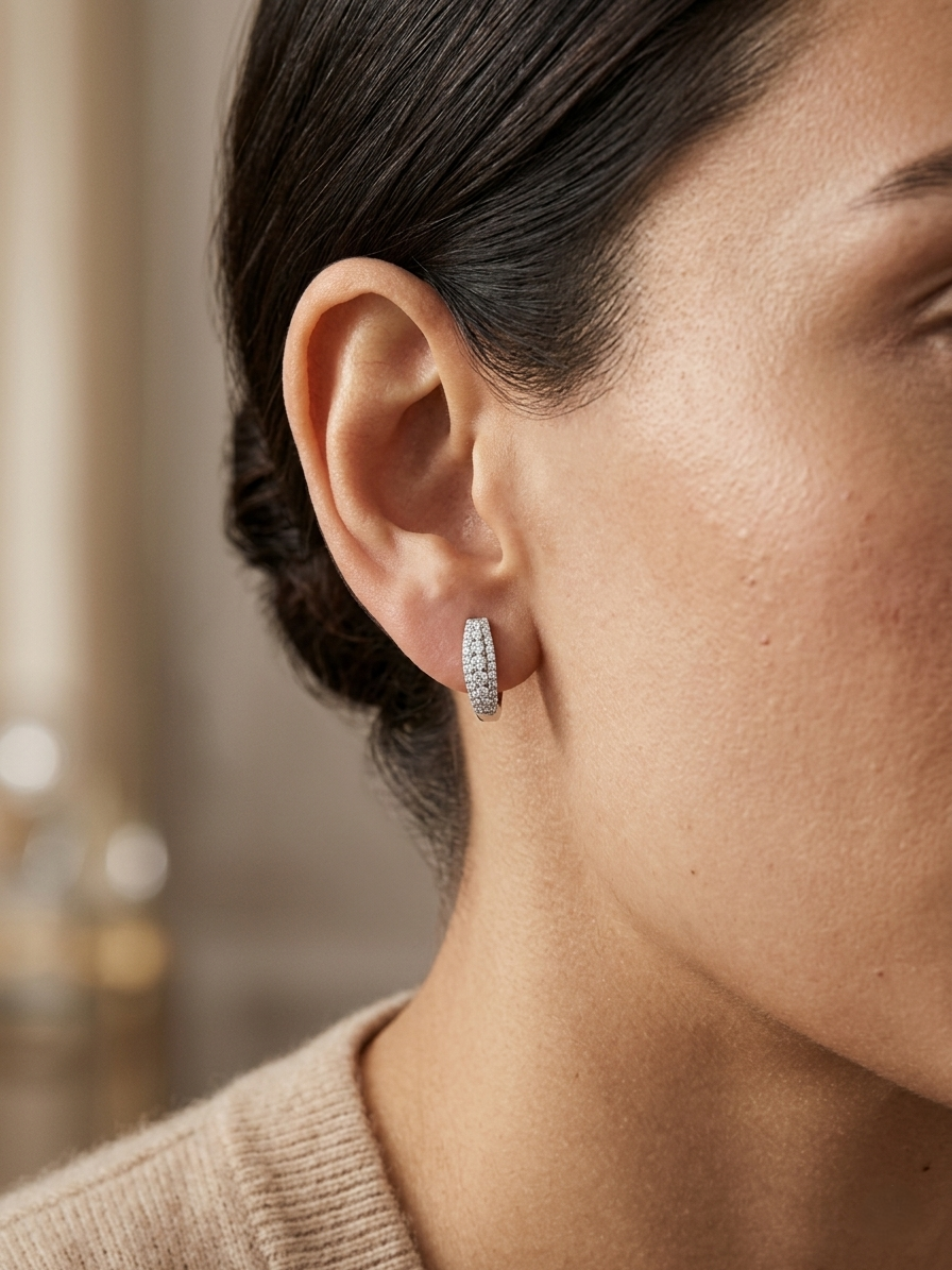 Diamond huggie hoop earrings in 18K white gold with pavé diamonds