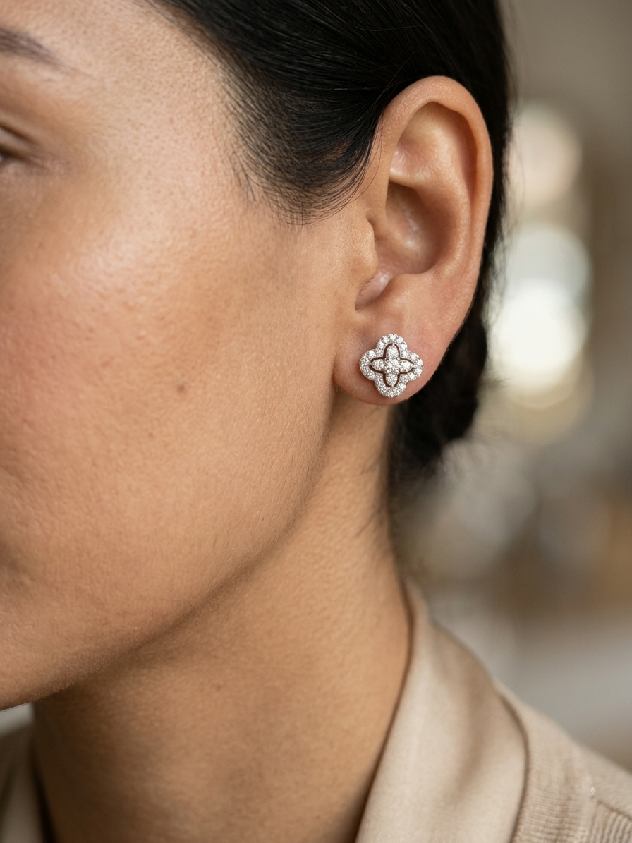Diamond floral cluster stud earrings in 18K white gold by Emirates Diamonds