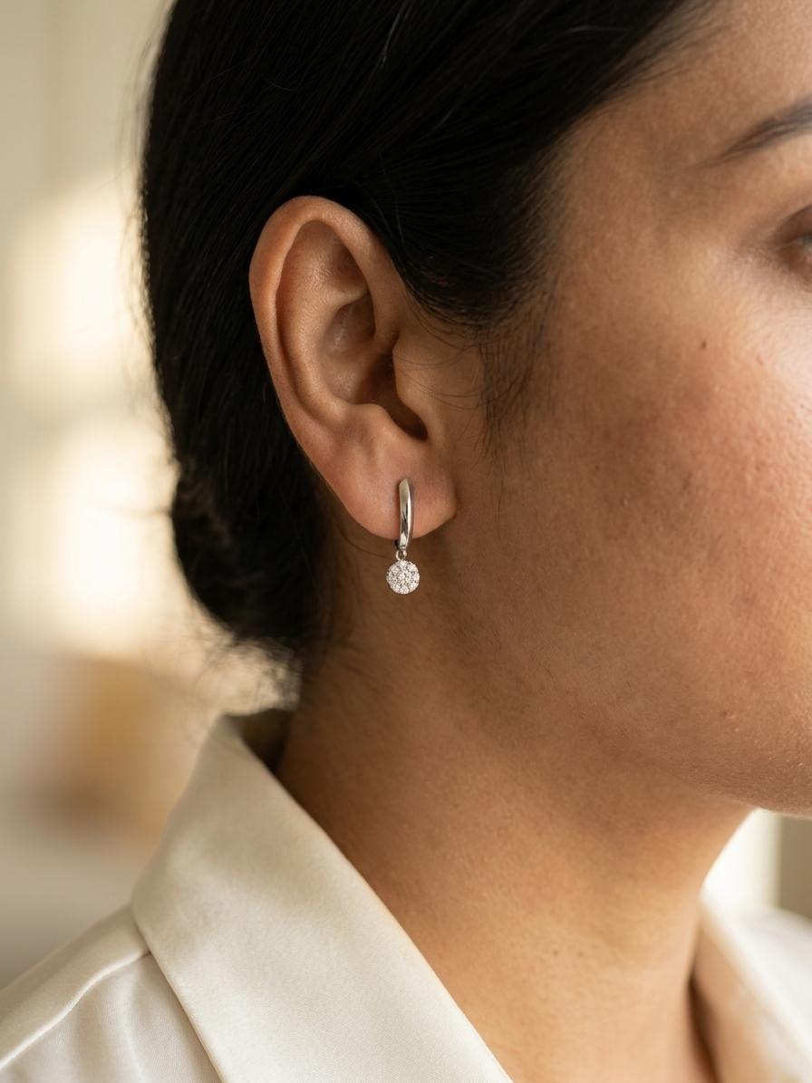 Diamond drop hoop earrings in 18K white gold with cluster diamond drops