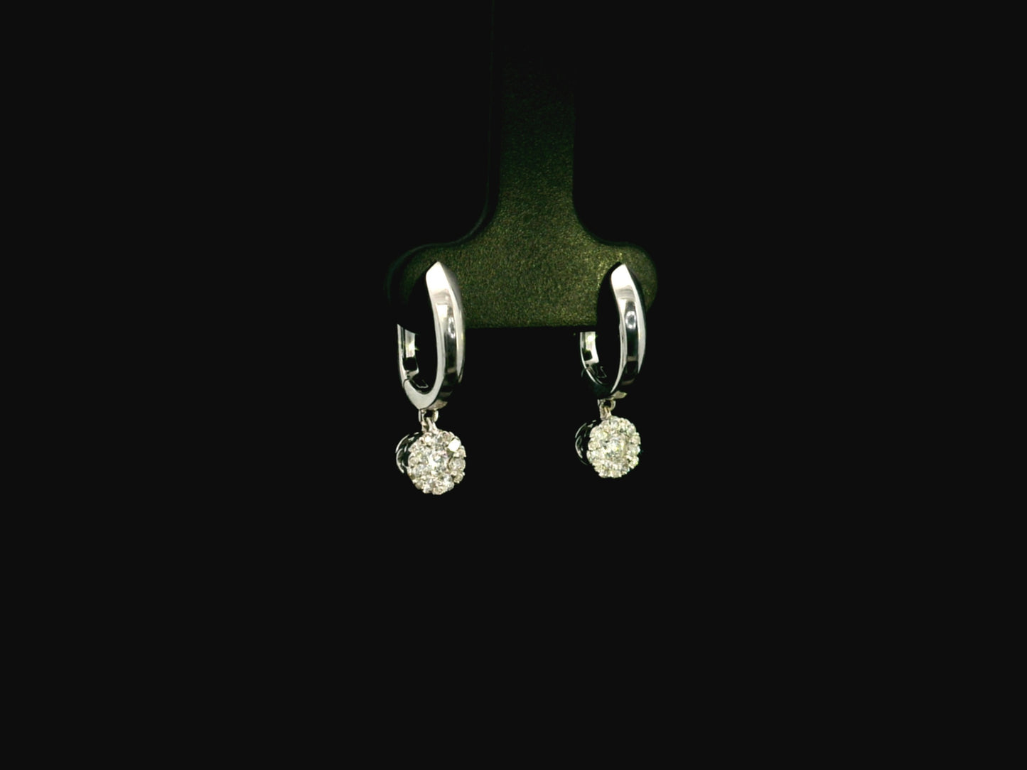 Diamond drop hoop earrings in 18K white gold with cluster diamond drops