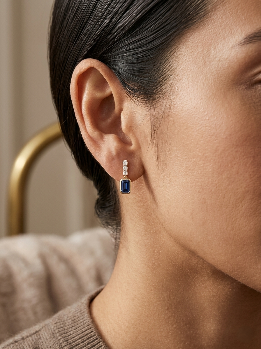 Blue sapphire and diamond drop earrings in 18K yellow gold emerald cut sapphire design